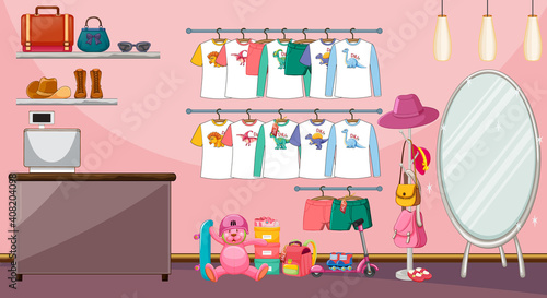 Children clothes on a clothesline with many toys in the room scene