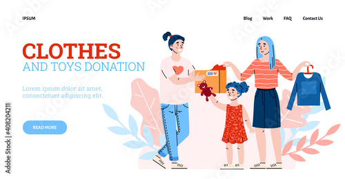 Donation of clothes and toys for poor families and orphanages website template with cartoon characters, flat vector illustration. Charitable foundation web banner.