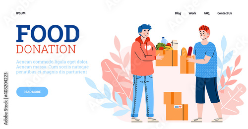 Food donation website with volunteers collecting groceries, cartoon flat vector illustration. Voluntary food donation and collaboration to support those in need.