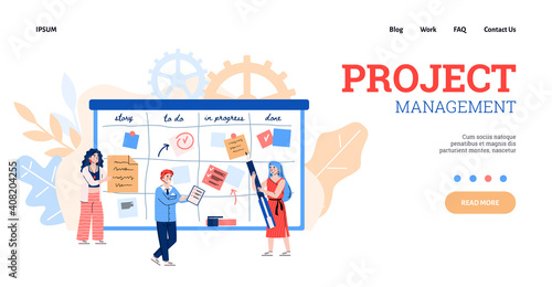 Agile development and project management concept. Scrum team of people move color cards on board, analyzing strategy task or business project. Vector landing page template.