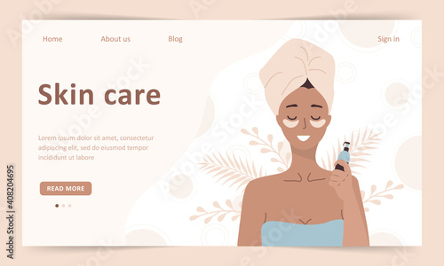 Skin care concept. Landing page template. Woman do cosmetic spa procedures for face. Morning routine. Bath time. Eye patches and cream. Organic products. Vector illustration in flat cartoon style.