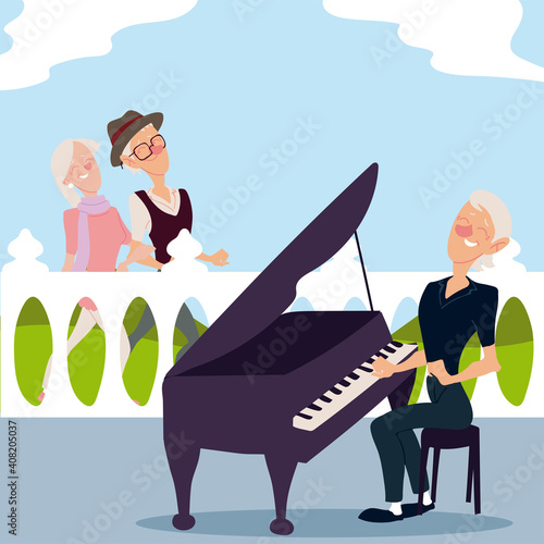 seniors active, old couple walking and elderly woman playing piano