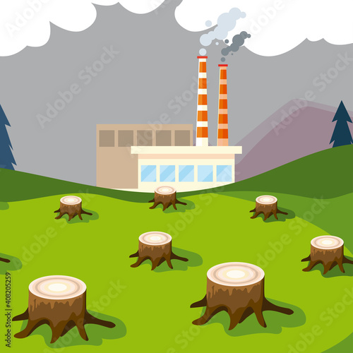 factory plant smoking towers pipes and trees felling pollution