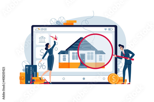 Home appraisal concept. Real estate appraisers are doing property inspection of the house. Real estate assessment, valuation, fixing of value for banner, web, emailing. Flat design vector illustration