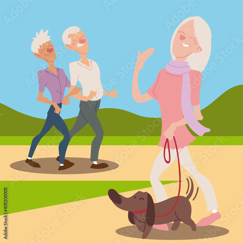 seniors active, happy old woman with dog and elderly couple walking