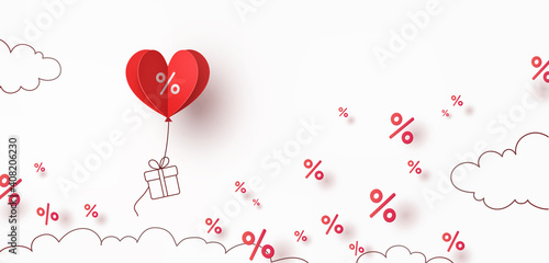 Valentine's Day special offer red heart balloon and gift box flying on sky background. Promo banner with percent off baloon discount sale. Vector pattern for promotion, best price design