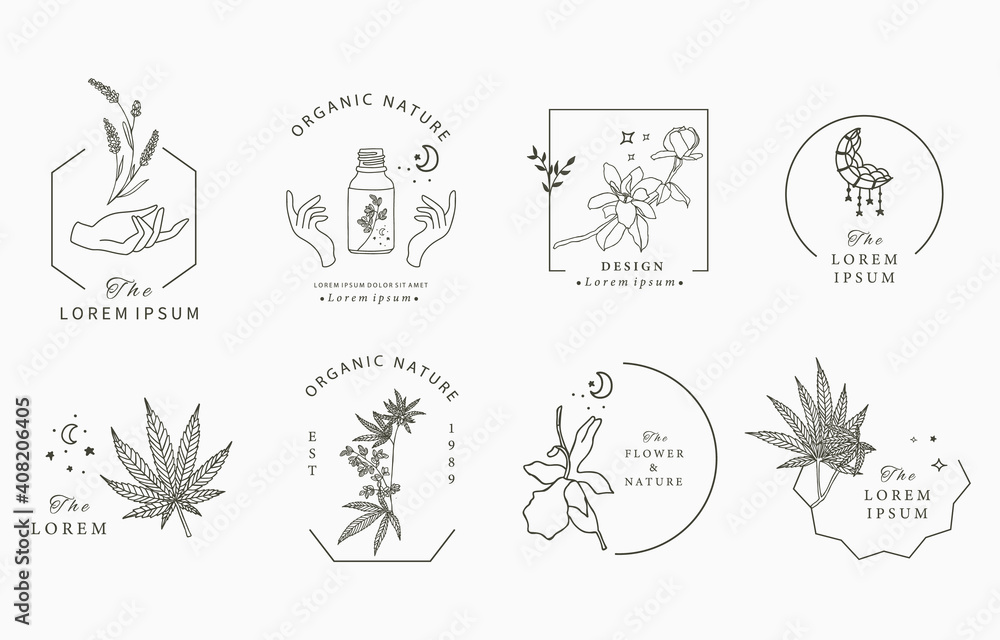 Line object collection with hand, cannabis,lavender,magnolia,moon Line object collection with hand, cannabis,lavender,magnolia,moon
