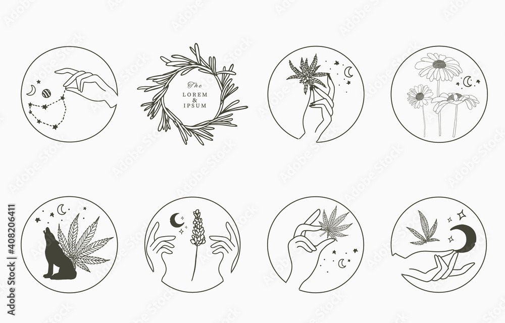 Line object collection with hand, cannabis,lavender,sunflower,moon