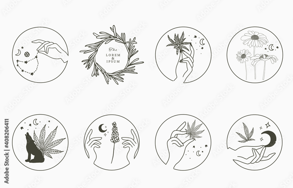 Fototapeta premium Line object collection with hand, cannabis,lavender,sunflower,moon