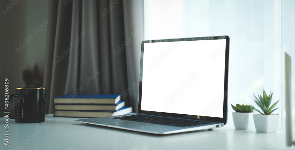 Workspace desk and laptop. copy space and blank screen. Business image, Blank screen laptop and supplies. Workspace desk and laptop. copy space and blank screen. Business image, Blank screen laptop and supplies.