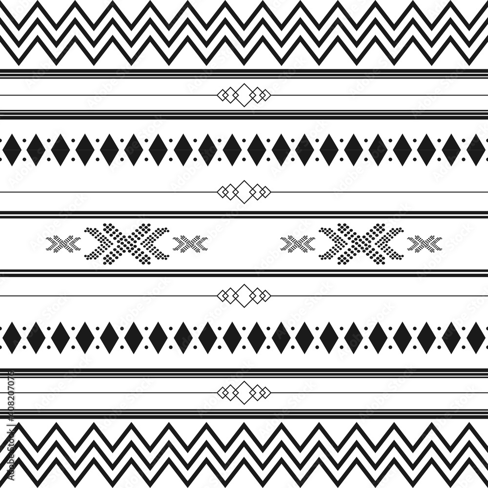 Black and white tribal ethnic pattern with geometric elements, traditional African mud cloth, tribal design. fabric or home wallpaper design Black and white tribal ethnic pattern with geometric elements, traditional African mud cloth, tribal design. fabric or home wallpaper design