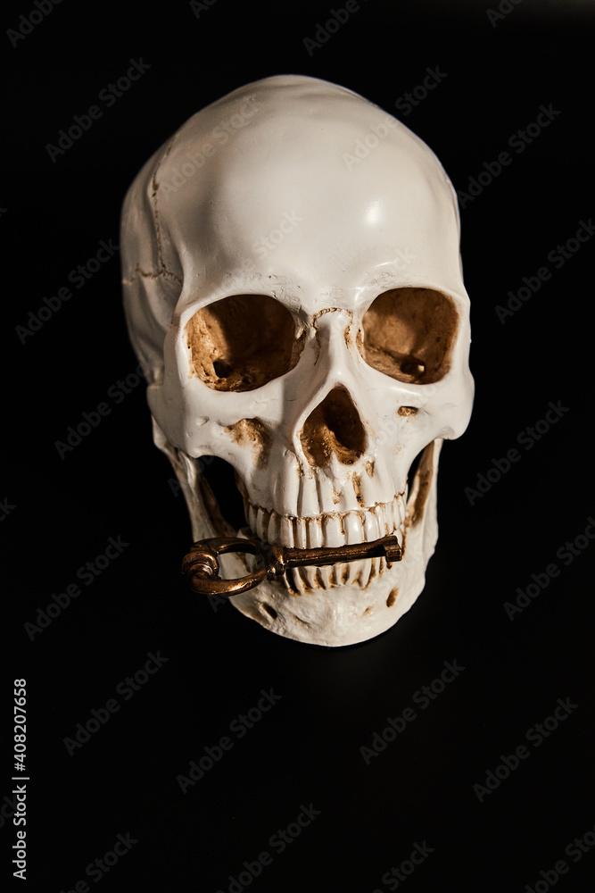 Fototapeta premium Human skull model with key on a black background. Low-key photo.