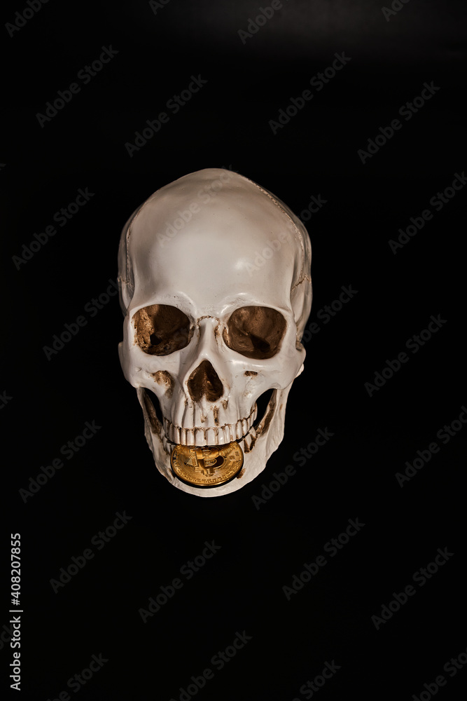 A Golden plated Bitcoin in the jaw of a human skull model. Low-key photo. A Golden plated Bitcoin in the jaw of a human skull model. Low-key photo.
