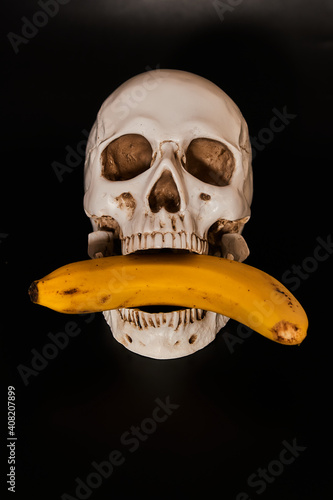 Human skull model with banana on a black background. Low-key photo.