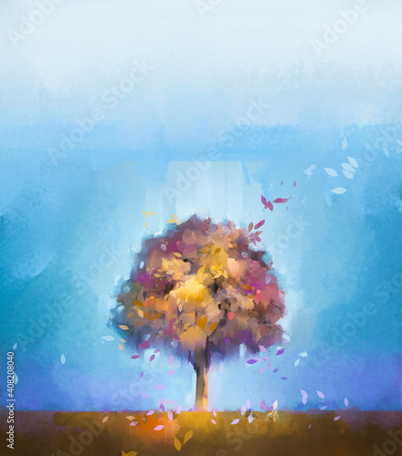 Fototapeta Naklejka Na Ścianę i Meble -  Illustration colorful autumn forest. Abstract image of fall season, yellow and red leaf on tree, field, meadow, outdoor landscape. Nature painting with oil paint. Modern art for wallpaper background