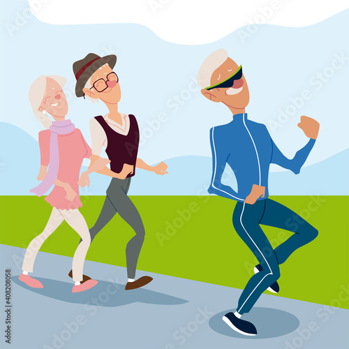 seniors active, old man jogging and elderly couple walking
