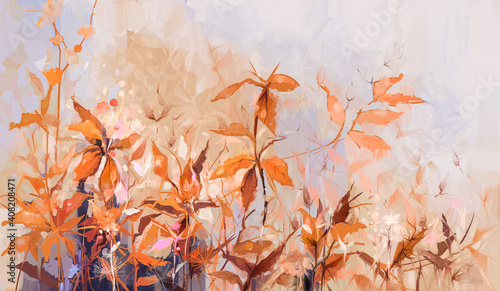 Abstrakcyjny obraz olejny kolorowy kwiat z pomarańczowym, czerwonym, żółtym liściem. Ilustracja ręcznie malowana, natura jesień, jesień. Projekt malowania na naturalną tapetę. Vintage kwiatowy kolor tła
