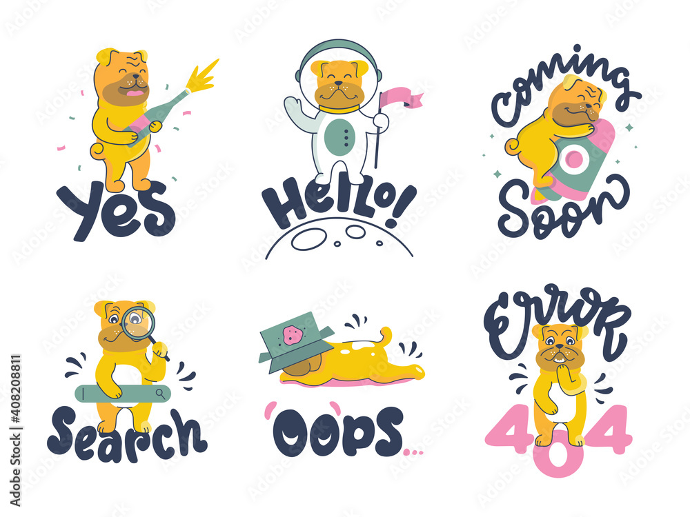 The set of vector illustrations with bulldogs for different topics, web designs. Collection of cartoon animals with lettering phrases.