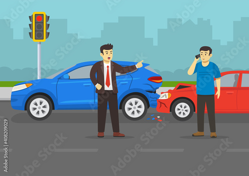 Traffic or road accident. Angry businessman or manager driver yelling at other young driver on the road. Male character scolds and pointing index finger at guy. Flat vector illustration template. © flatvectors
