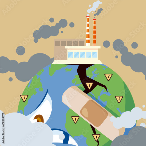 sad earth planet with factories producing smog, pollution