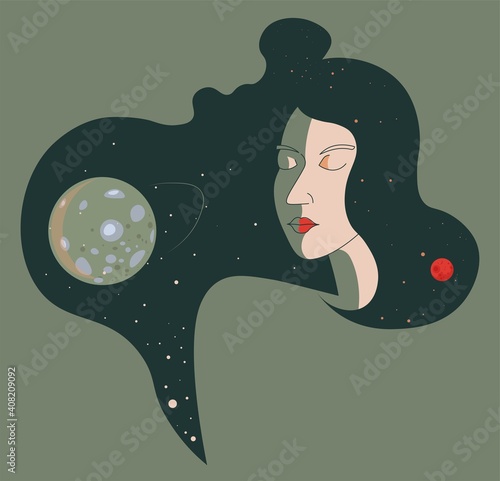 Female portrait and moon planet in cosmos vector