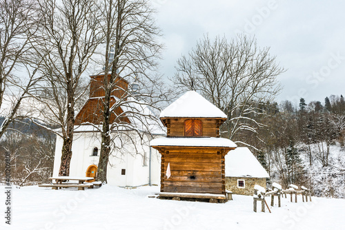 Lopienka Wooden Orthodox Church in Bieszczady Mountains Park at Winter Snowy Season in Poland