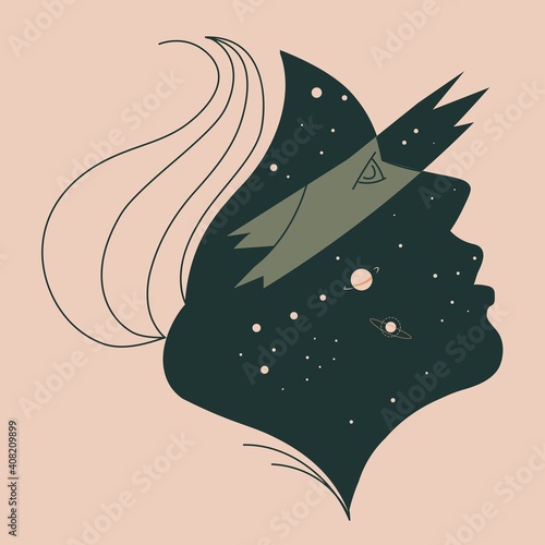 Minimalist woman portrait with stars cosmos galaxy