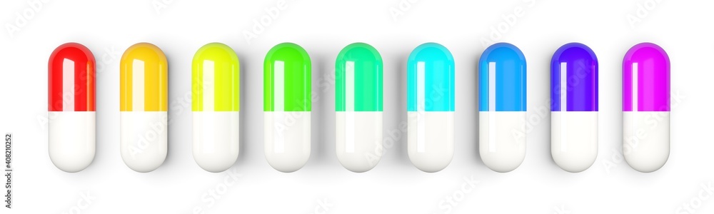 Different colored pill capsules row over white background, medical treatment, pharmaceutical or medication concept Different colored pill capsules row over white background, medical treatment, pharmaceutical or medication concept