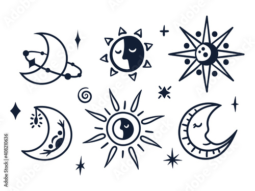 Black-white celestial moon and sun boho kids clipart, hand drawn line mystical symbols isolated on white background, cute magic baby illustration, vector design elements © Maria Zamchiy 