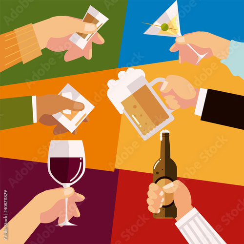 hands with different glasses liquor alcohol celebration, cheers