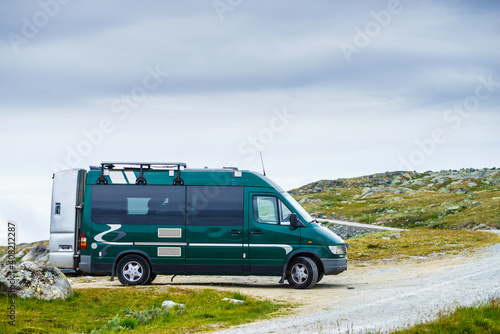 Camper van in mountains on roadside, Norway