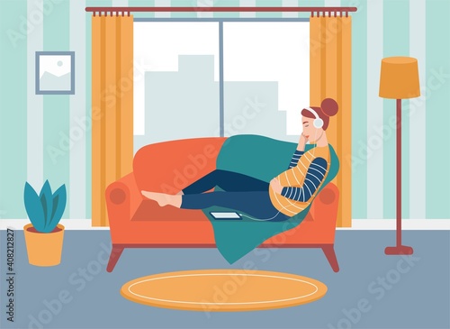 A pregnant woman sits on the sofa and listens to music with headphones. The concept of everyday activities and daily life. Flat cartoon illustration.
