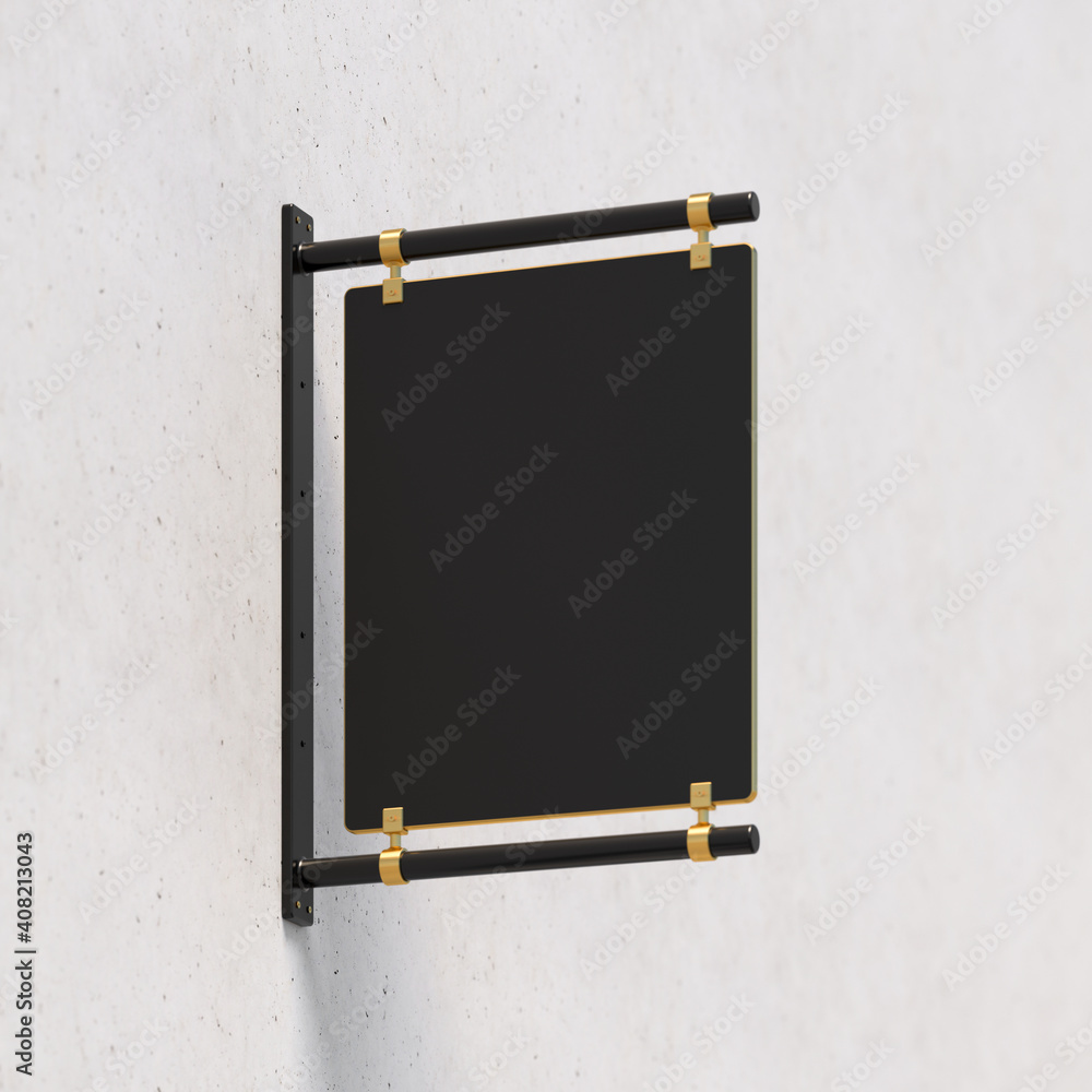 Obraz premium Black metal and gold of sign board hanging on cement wall. Concept for logo and shop present. 3D illustration