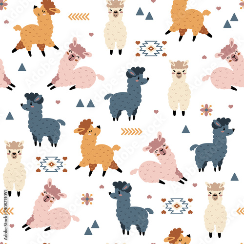 Seamless pattern with cute alpacas
