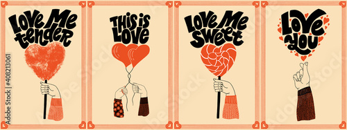 Vector card set for valentines day. Romantic collection for social media, print, t-shirt, card, poster, gift, landing page, web design elements. Hand-drawn lettering typography. Doodle illustration.