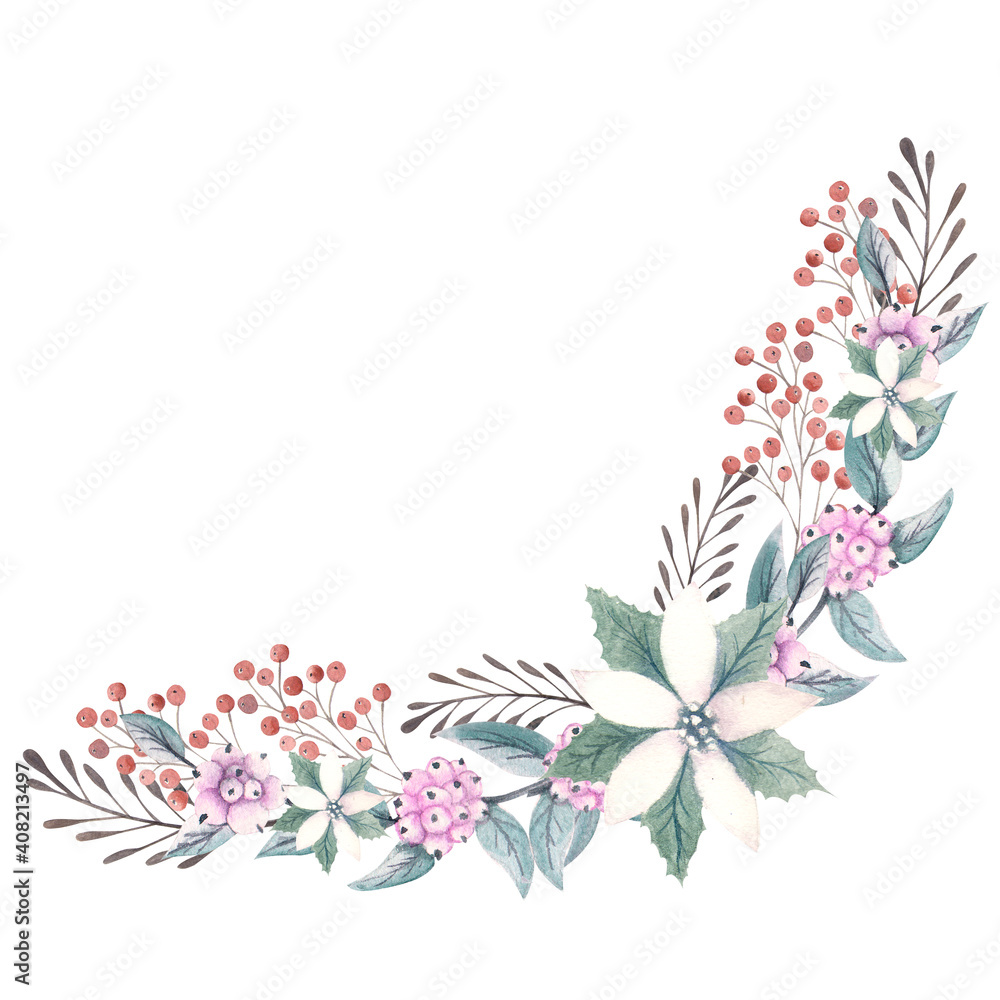Bouquet with poinsettia flowers, red berries and decorative twigs. Watercolor illustration. Bouquet with poinsettia flowers, red berries and decorative twigs. Watercolor illustration.