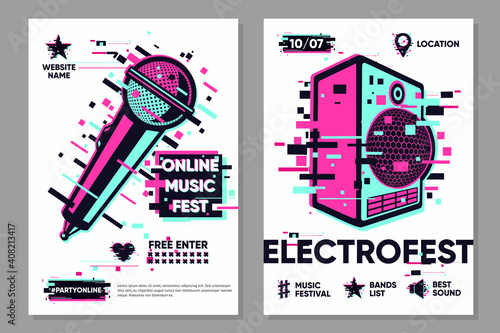 Online party vector banner. Posters set with microphone and audio system. Event show background, electronic style. Glitch trendy illustration. Dance festival banner template.