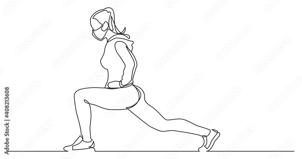 continuous line drawing of female athlete wearing face mask stretching legs