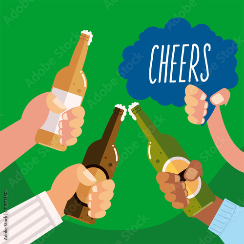 male hands holding lager beer bottles, cheers