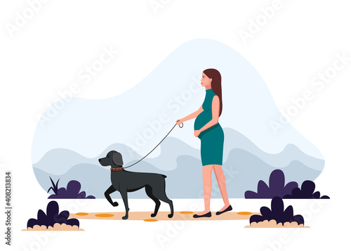 Pregnant woman walking the dog. Vector illustration in flat style, concept illustration for healthy lifestyle, sport, exercising.