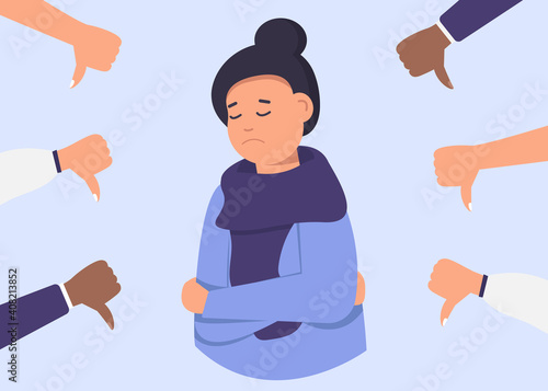 Cheerful young woman is surrounded by hands with thumbs down. The concept of public disapproval, non-recognition of the audience, negative opinion. Vector illustration
