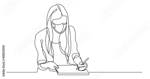 student wearing face mask girl writing - continuous line drawing