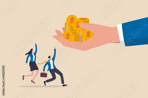Employee bonus money, salary or income increase based on work performance or prize or gift to boost employee morale concept, giant boss hand giving stack of coins money to happy office workers.