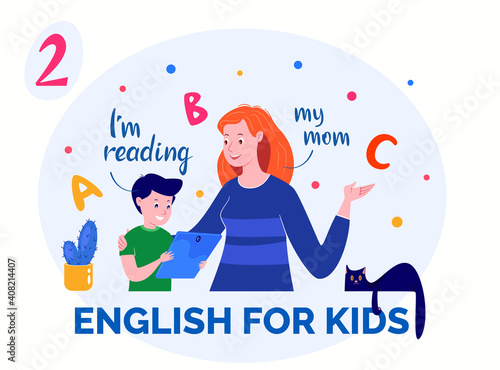 E-learning. Internet courses. Home schooling. English for children. Vector flat cartoon illustration for educational site.