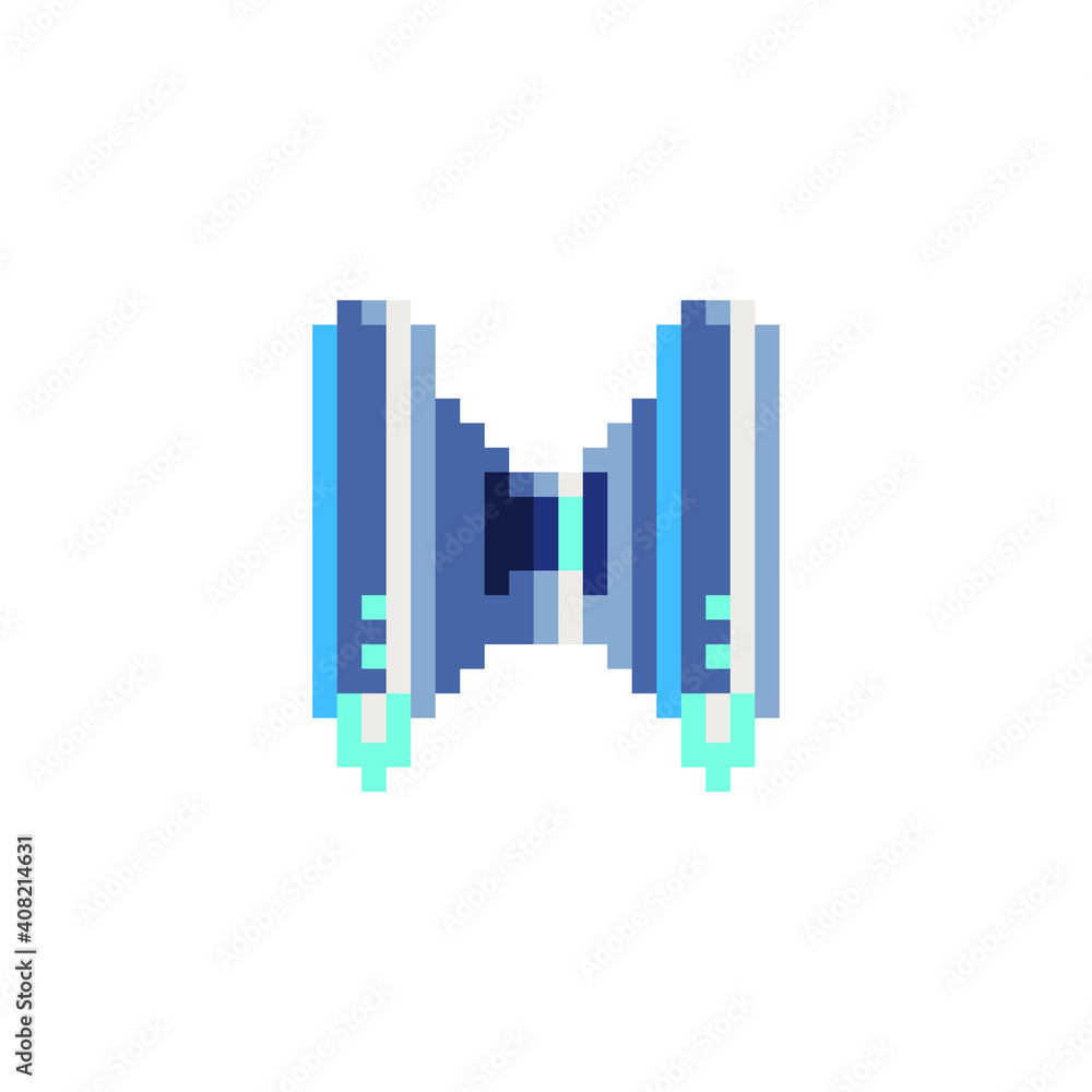 Video game spaceship. Pixel art style icon. Sci-fi game logo. Sticker design. 8-bit sprite. Old school computer graphic style. Isolated vector illustration.  