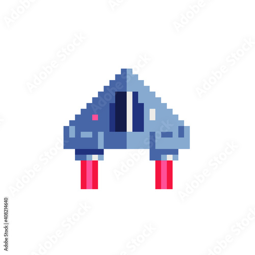 Video game spaceship. Pixel art style icon. Sci-fi game logo. Sticker design. 8-bit sprite. Old school computer graphic style. Isolated vector illustration.  
