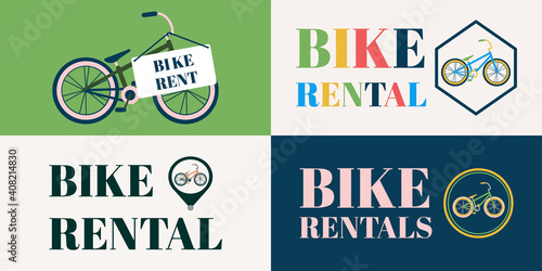 Set of banners bike rental. Vector illustration with a bike and text, on a solid background. Suitable for social media, mobile apps, marketing materials.