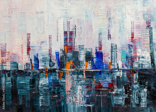 Abstract background, Modern skyscrapers oil painting. © serge-b