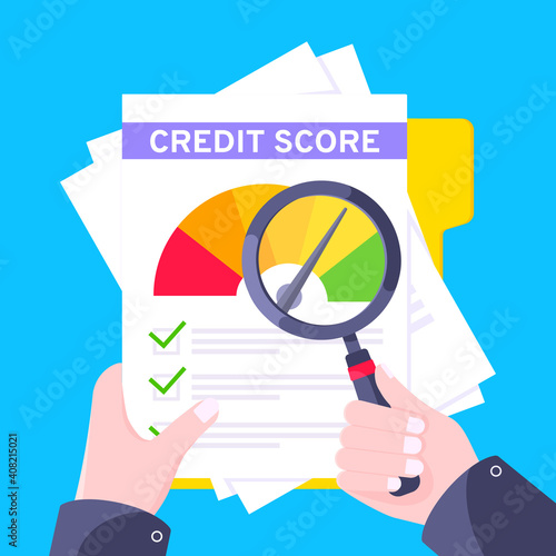 Hand holds credit score gauge speedometer indicator with color levels on paper sheets. Measurement from poor to excellent rating for credit or mortgage loans flat style design vector illustration.