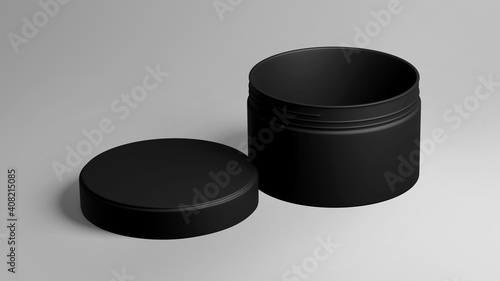 Black Plastic Cosmetic Jar Mockup, Dark beauty make-up Container 3D Rendering isolated on light background